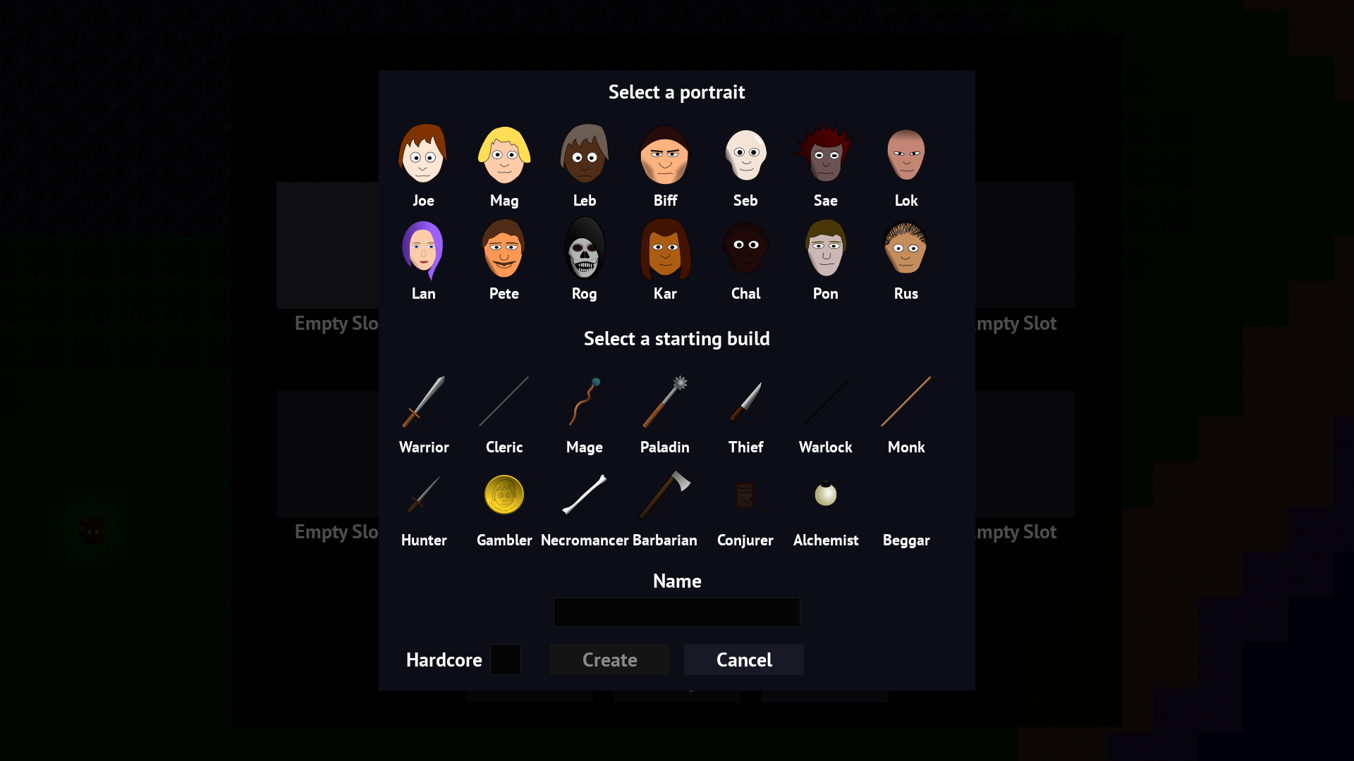 Character create screen